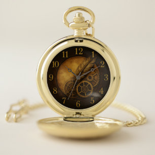 Steampunk Feather Clock – Antique Gold Art Pocket Watch