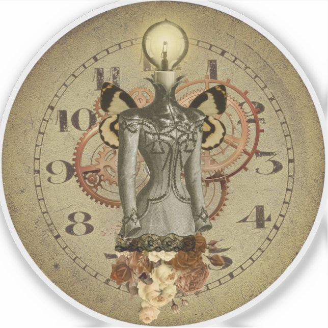 Steampunk Female Bust Collage Medallion Sticker (Front)