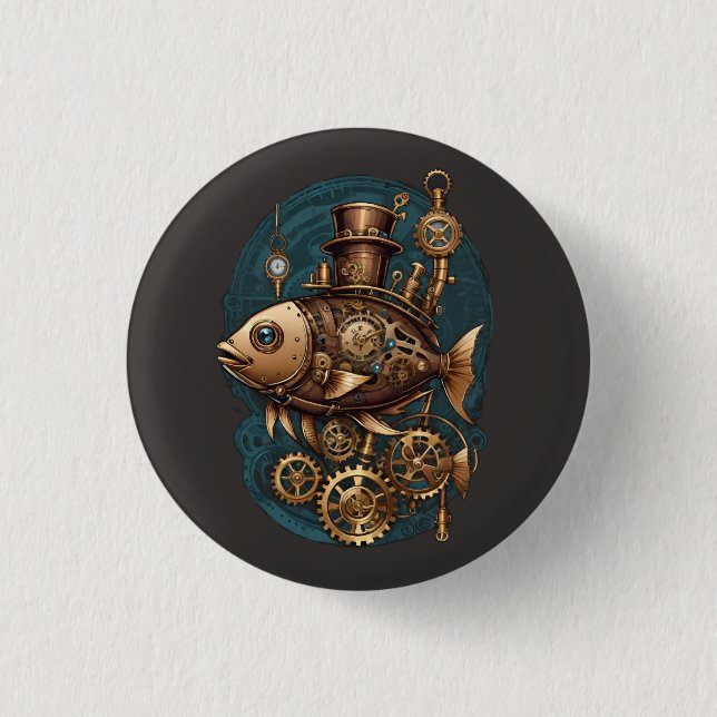 Steampunk Fish Vintage Retro Style Button (Front)