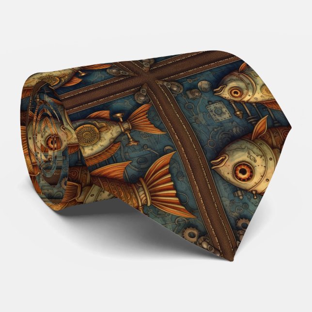 Steampunk Fishes pattern Neck Tie (Rolled)
