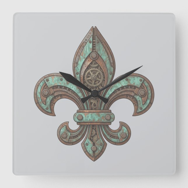 Steampunk Fleur-de-Lis Gear Industrial rusty gears Square Wall Clock (Front)