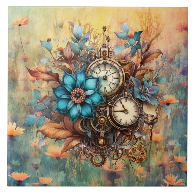 Steampunk Floral Decorative Ceramic Tile (Front)