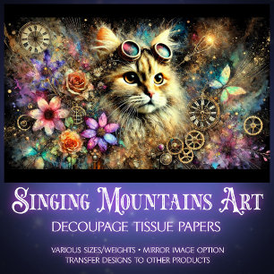 Steampunk Floral Fantasy Cat Portrait Decoupage Tissue Paper