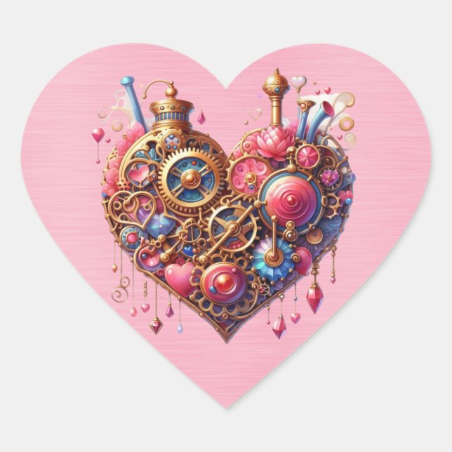  Steampunk Floral Pink and Gold Heart Sticker (Front)