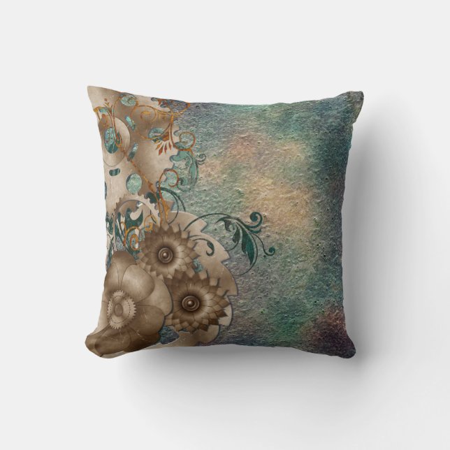 Steampunk Floral Throw Pillow (Front)