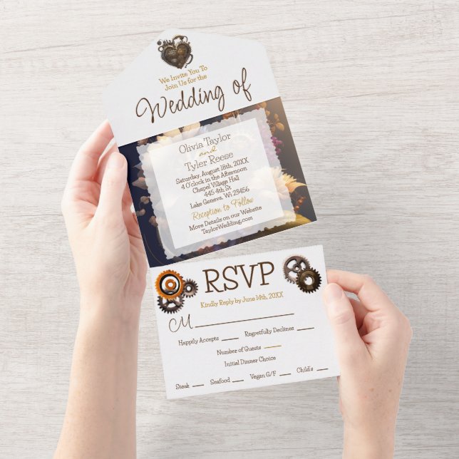 Steampunk, Flowers and Feathers Wedding  All In One Invitation (Tearaway)