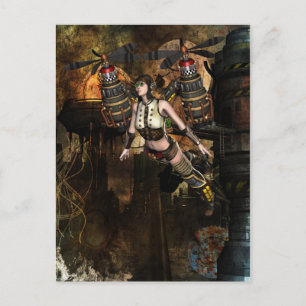 steampunk flying girl postcard