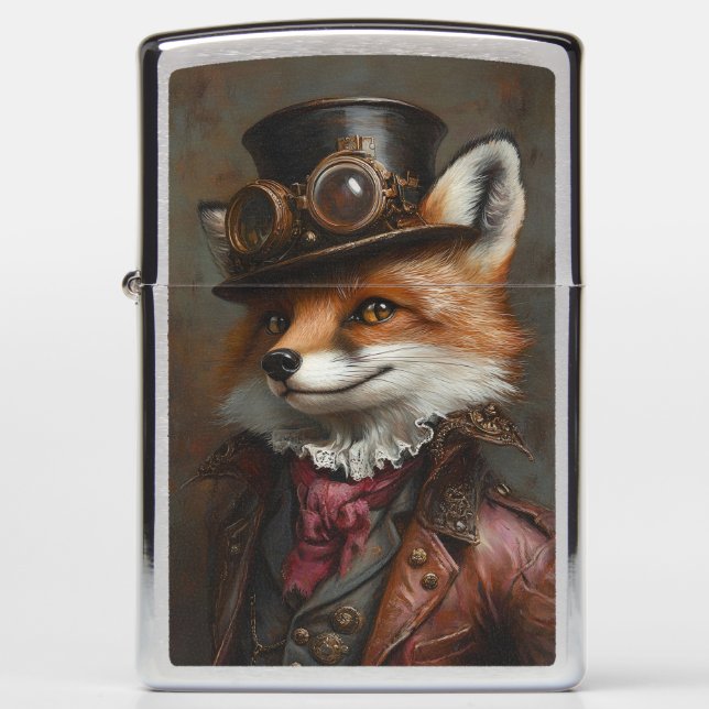 Steampunk Fox Wearing Goggles Zippo Lighter (Front)
