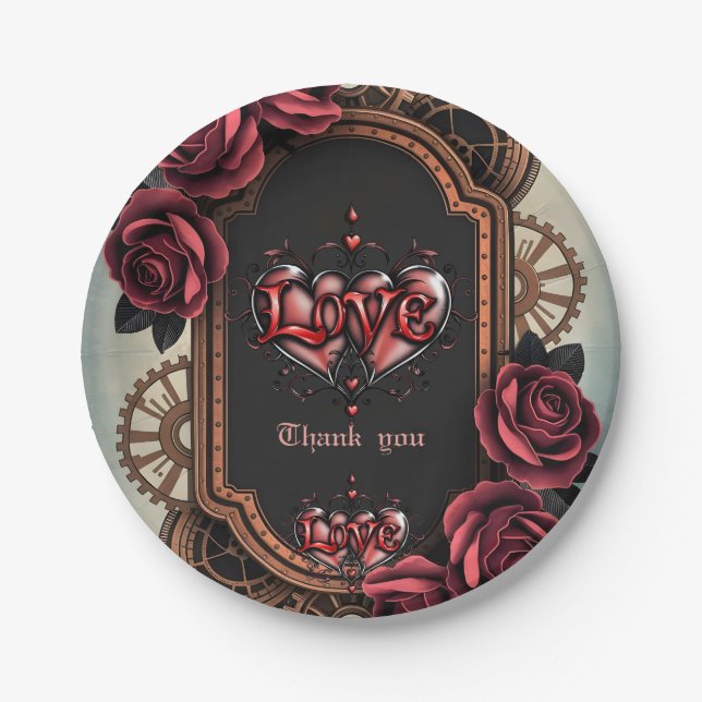 Steampunk Frame with Red Roses and Gears  Paper Plates (Front)
