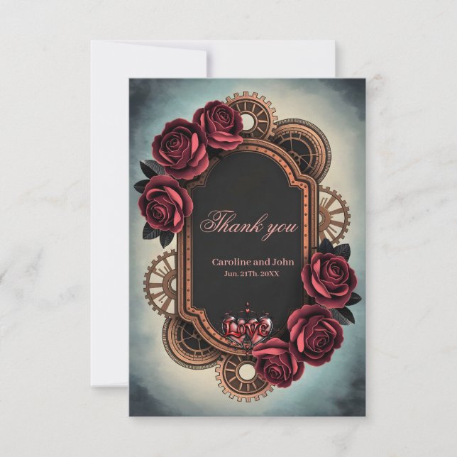 Steampunk Frame with Red Roses and Gears  Thank You Card (Front)