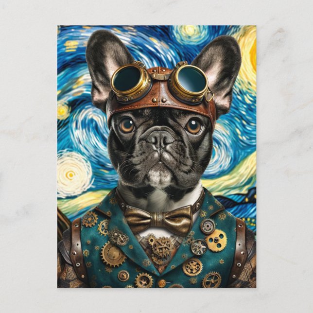 Steampunk Frenchie in the Starry Night Postcard (Front)