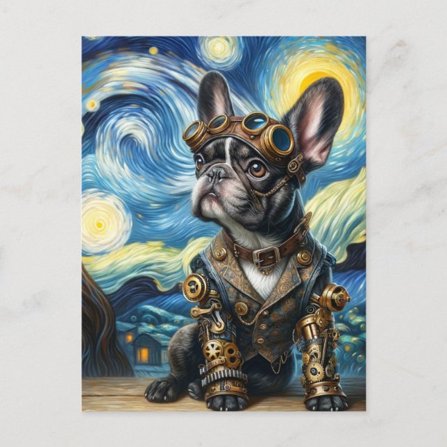 Steampunk Frenchie Puppy in the Starry Night Postcard (Front)