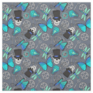 Steampunk Funky Gothic Gray and Blue Patterned Fabric