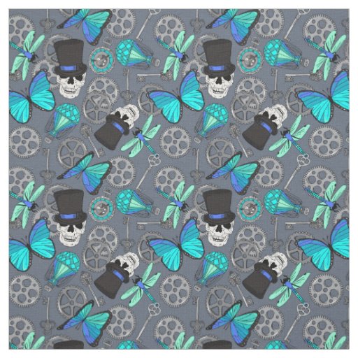 Steampunk Funky Gothic Gray and Blue Patterned Fabric