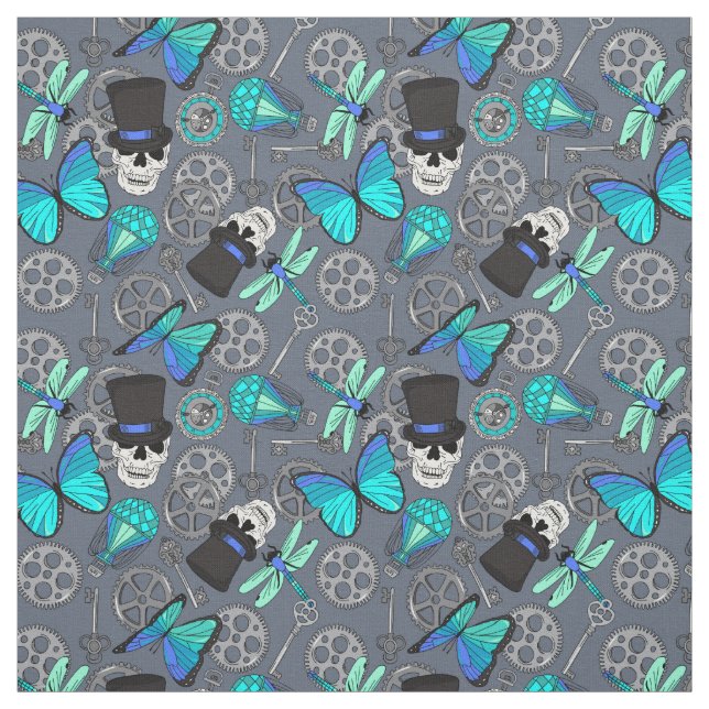 Steampunk Funky Gothic Gray and Blue Patterned Fabric (Swatch)