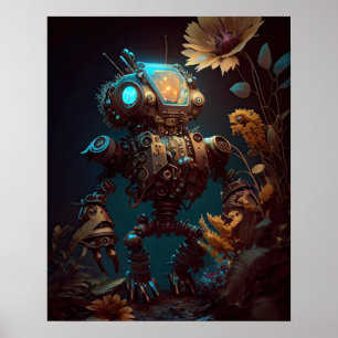Steampunk Futuristic Robot & Flowers Poster