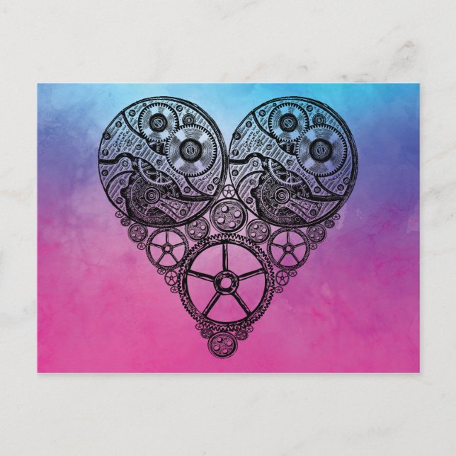 Steampunk Gear Valentine Heart Watercolor Holiday Postcard (Front)