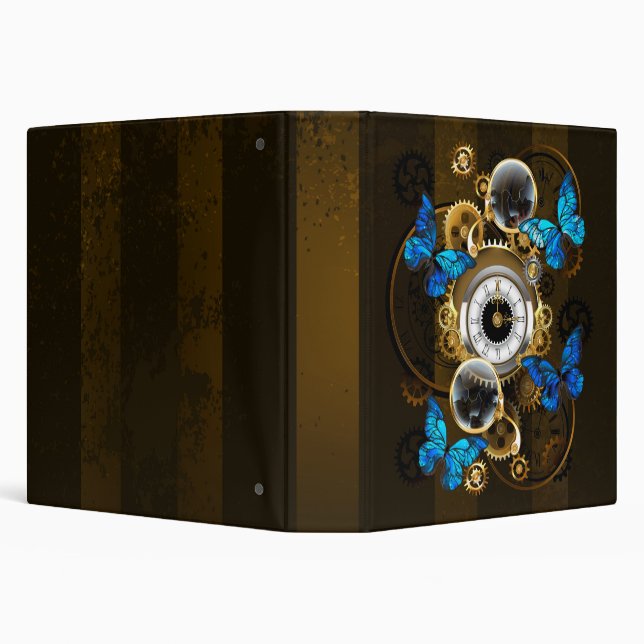 Steampunk Gears and Blue Butterflies 3 Ring Binder (Background)