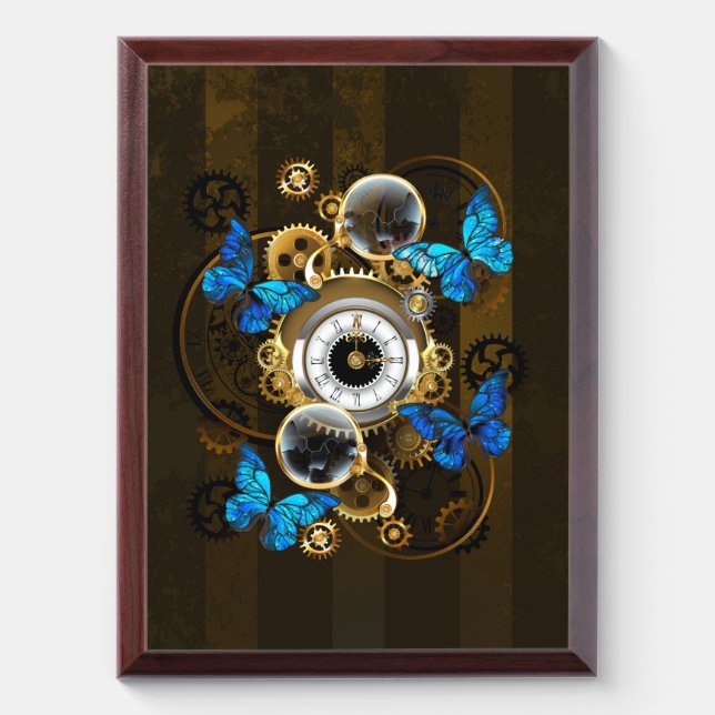 Steampunk Gears and Blue Butterflies Award Plaque (Vertical)