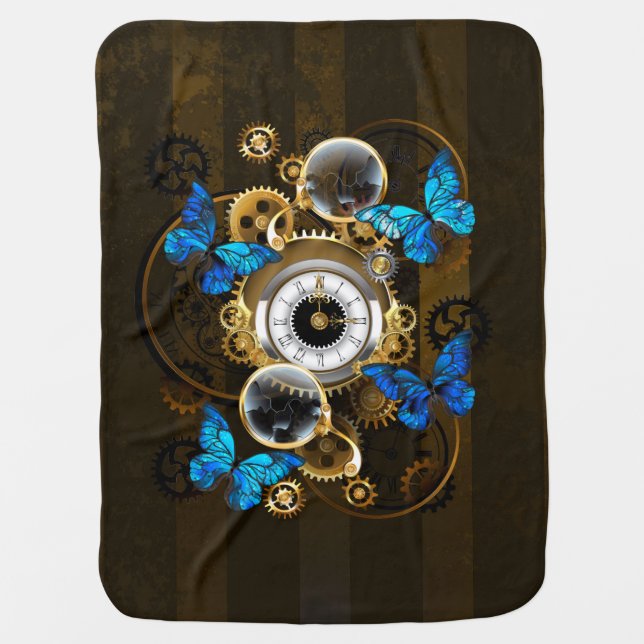 Steampunk Gears and Blue Butterflies Baby Blanket (Front)