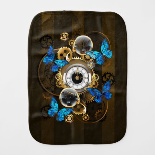 Steampunk Gears and Blue Butterflies Baby Burp Cloth