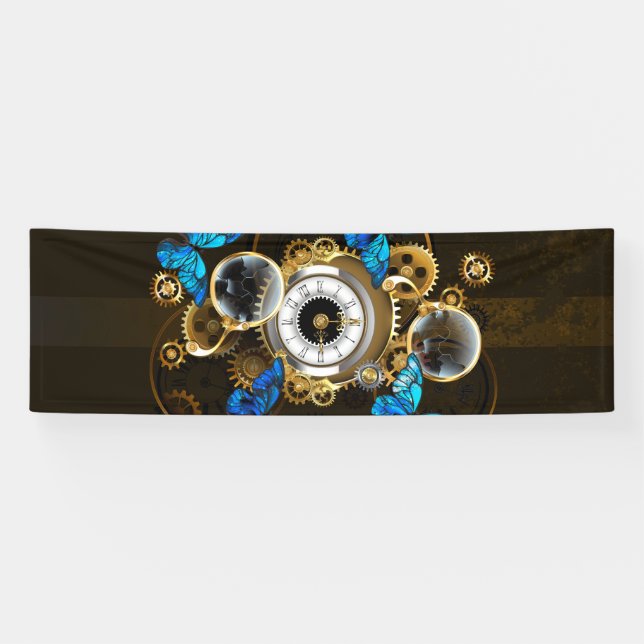 Steampunk Gears and Blue Butterflies Banner (Horizontal)