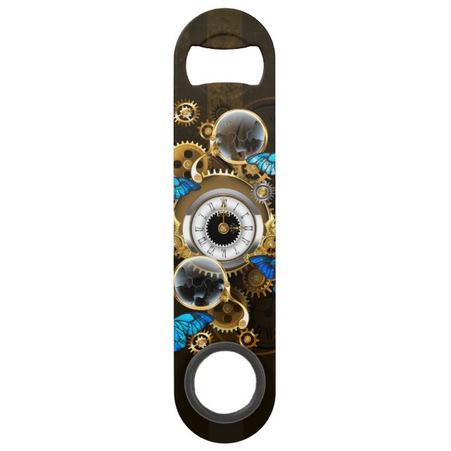 Steampunk Gears and Blue Butterflies Bar Key (Front)