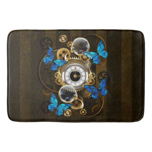 Steampunk Gears and Blue Butterflies Bath Mat