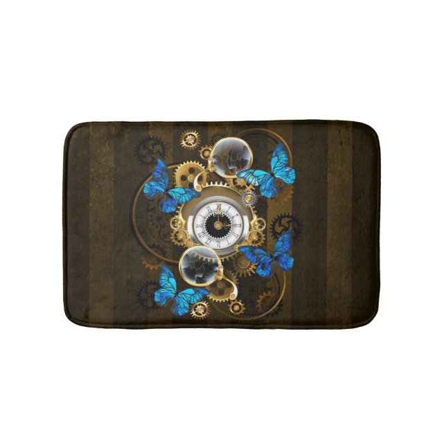 Steampunk Gears and Blue Butterflies Bath Mat (Front)