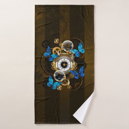 Steampunk Gears and Blue Butterflies Bath Towel