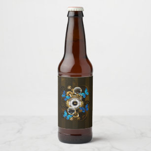 Steampunk Gears and Blue Butterflies Beer Bottle Label