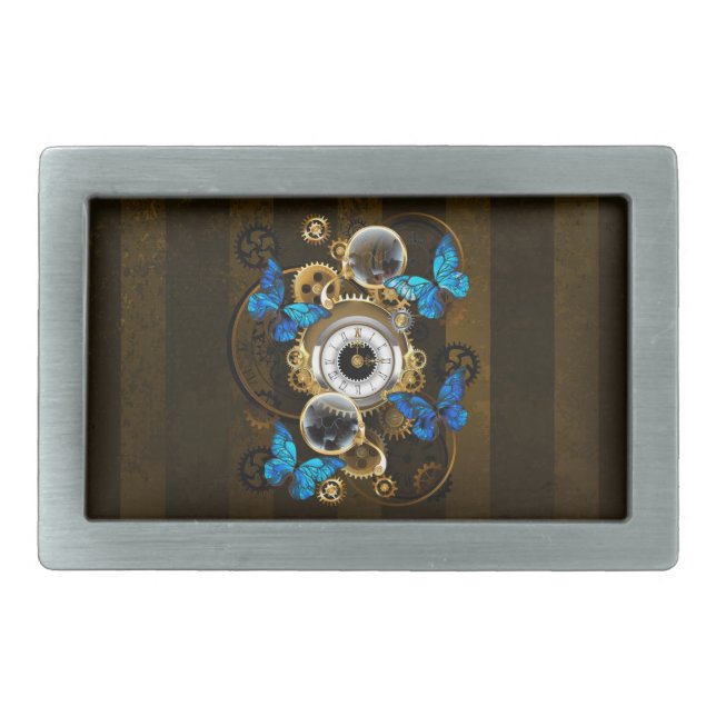 Steampunk Gears and Blue Butterflies Belt Buckle (Front)