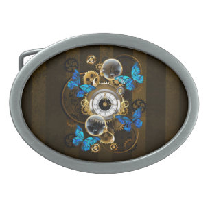Steampunk Gears and Blue Butterflies Belt Buckle