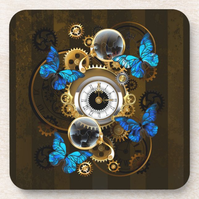 Steampunk Gears and Blue Butterflies Beverage Coaster (Front)