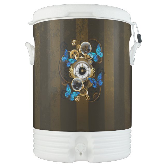 Steampunk Gears and Blue Butterflies Beverage Cooler (Front)
