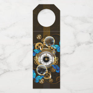 Steampunk Gears and Blue Butterflies Bottle Hanger Tag