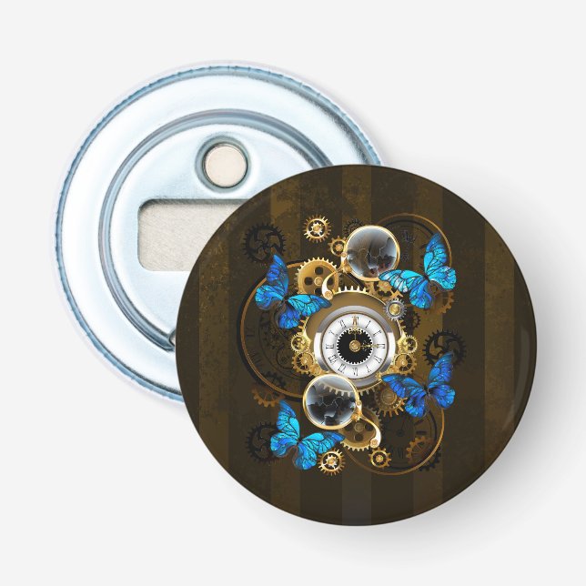 Steampunk Gears and Blue Butterflies Bottle Opener (Front)