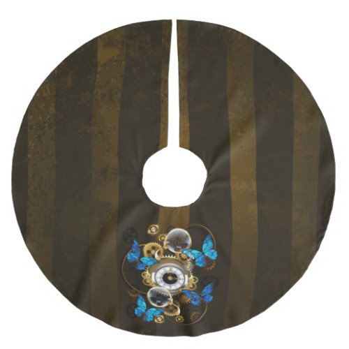 Steampunk Gears and Blue Butterflies Brushed Polyester Tree Skirt