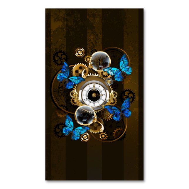 Steampunk Gears and Blue Butterflies Business Card Magnet (Front Vertical)