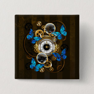 Steampunk Gears and Blue Butterflies Button