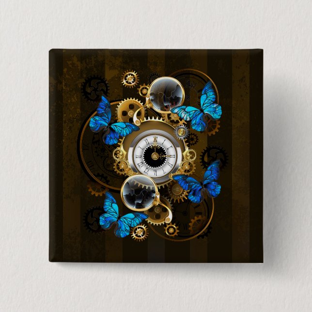Steampunk Gears and Blue Butterflies Button (Front)