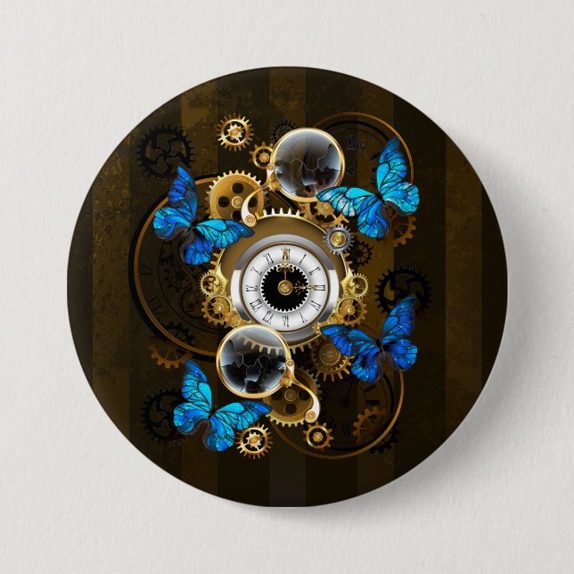 Steampunk Gears and Blue Butterflies Button (Front)