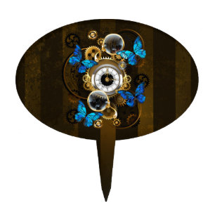 Steampunk Gears and Blue Butterflies Cake Topper