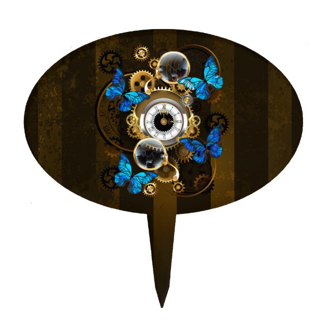 Steampunk Gears and Blue Butterflies Cake Topper (Front)