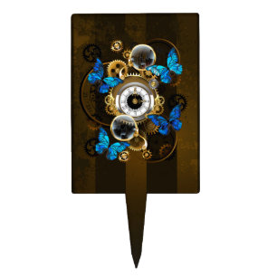 Steampunk Gears and Blue Butterflies Cake Topper