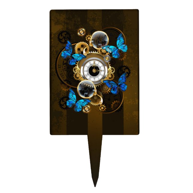 Steampunk Gears and Blue Butterflies Cake Topper (Front)