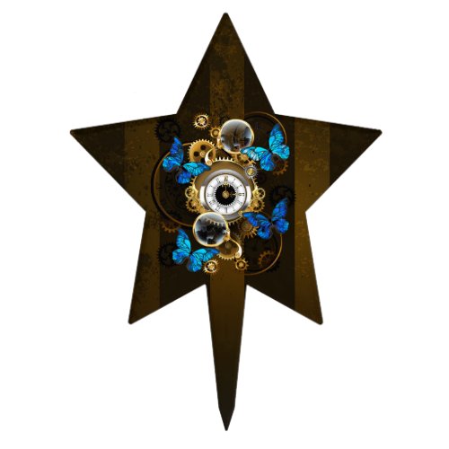 Steampunk Gears and Blue Butterflies Cake Topper