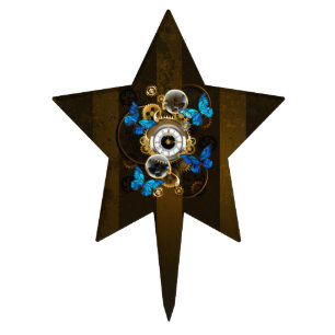 Steampunk Gears and Blue Butterflies Cake Topper