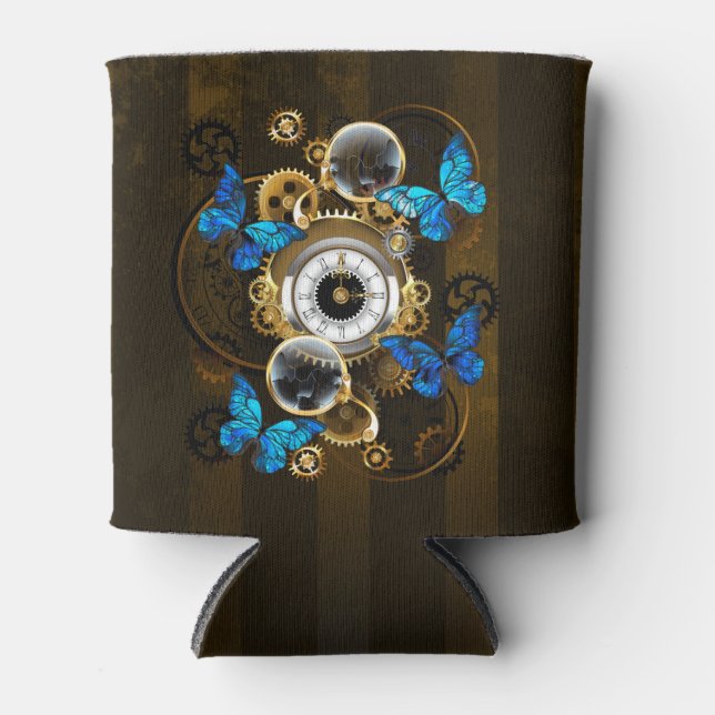 Steampunk Gears and Blue Butterflies Can Cooler (Front)
