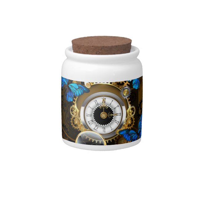 Steampunk Gears and Blue Butterflies Candy Jar (Front)